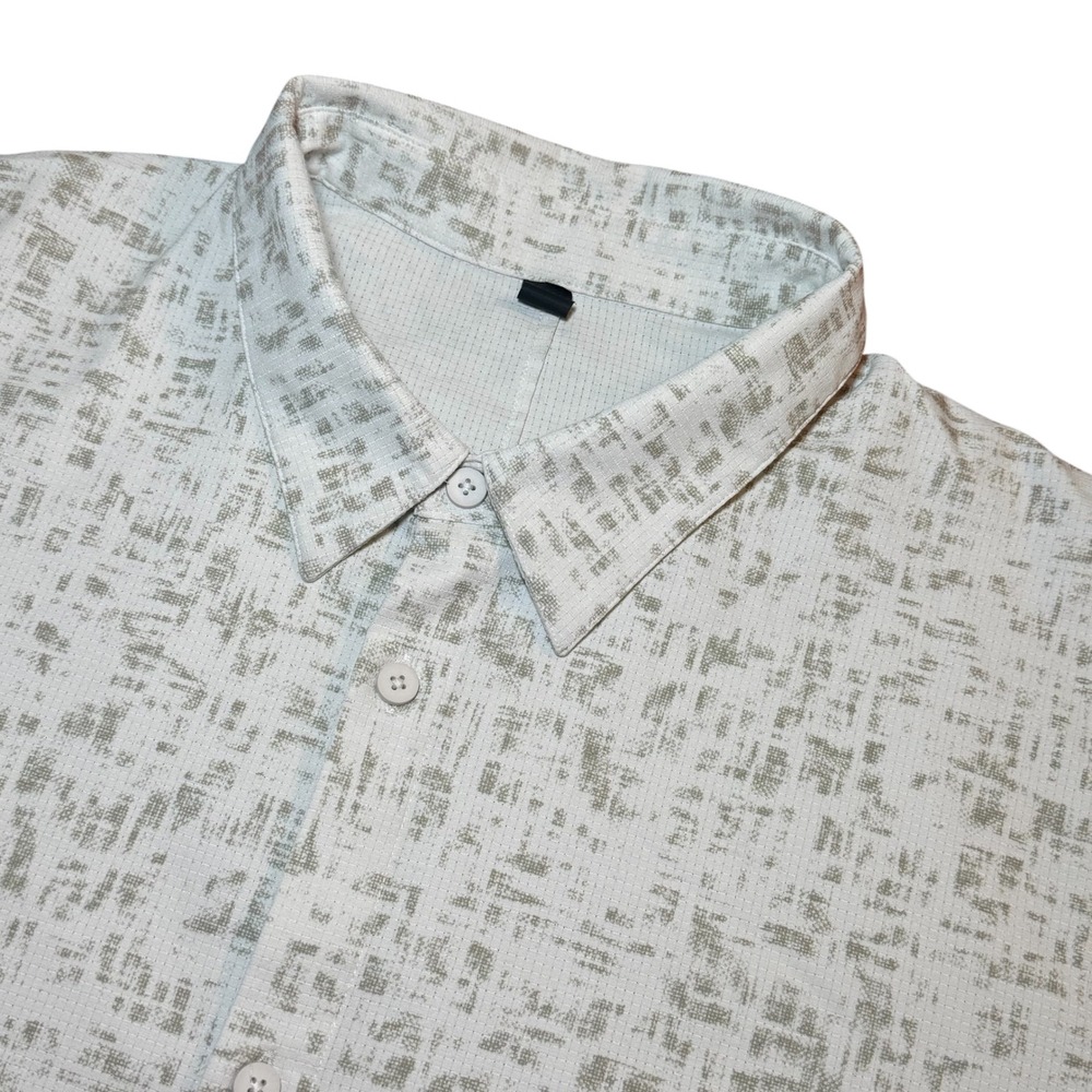 Lululemon Mens XL Short Sleeve Button Down Shirt Gray Olive Grid Performance